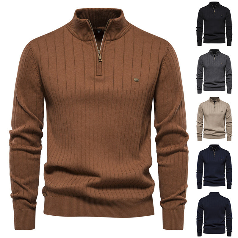 Striped knit turtleneck zip-up sweater