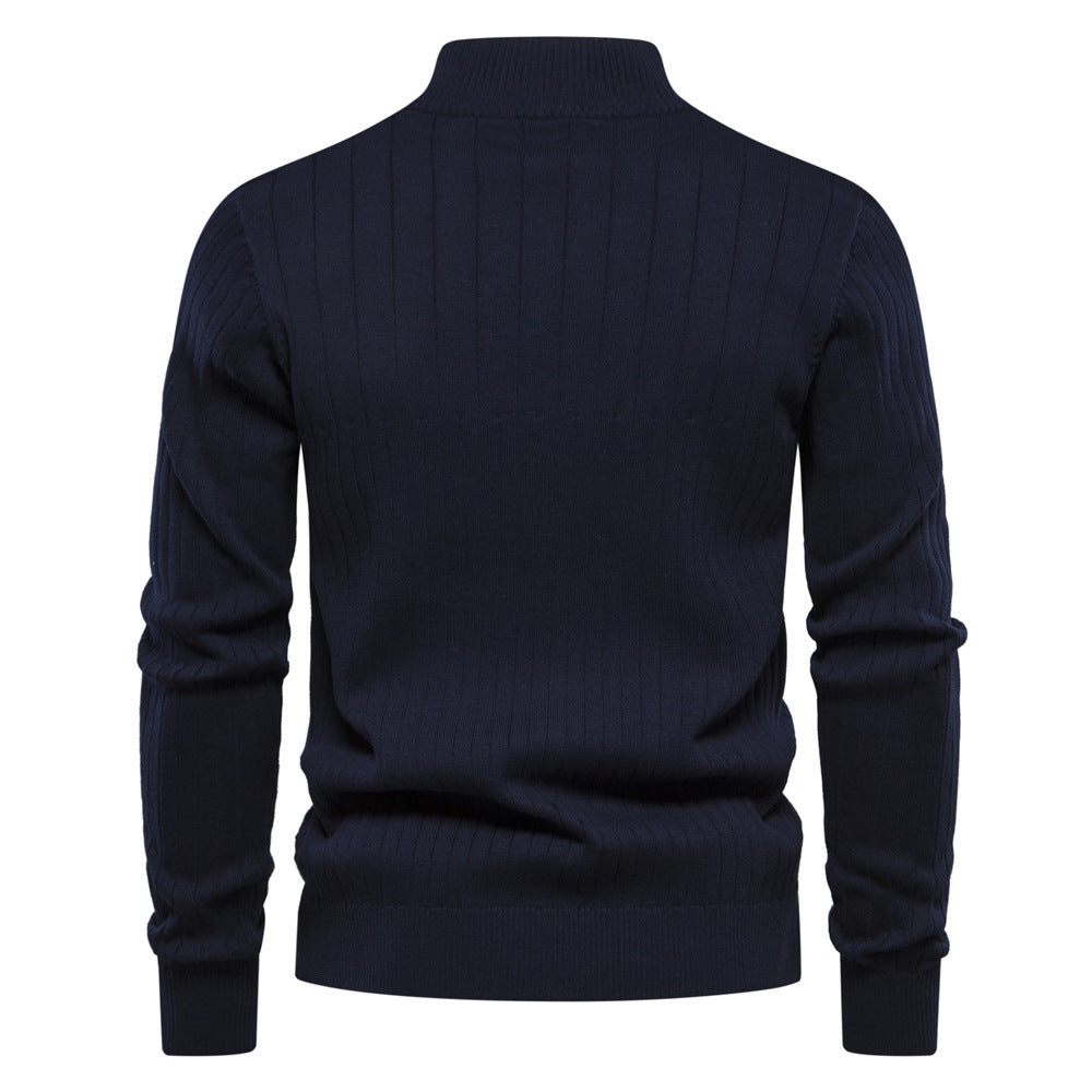 Striped knit turtleneck zip-up sweater