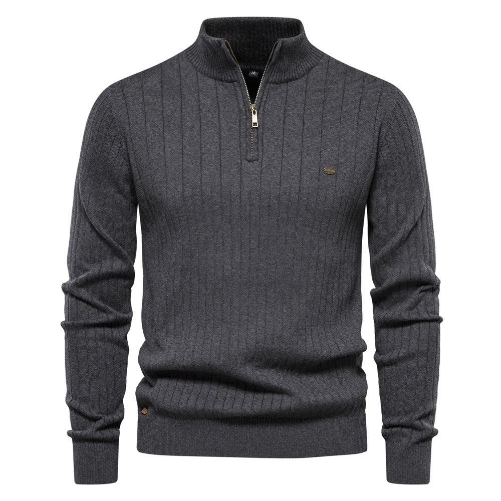 Striped knit turtleneck zip-up sweater