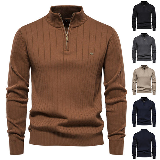 Striped knit turtleneck zip-up sweater