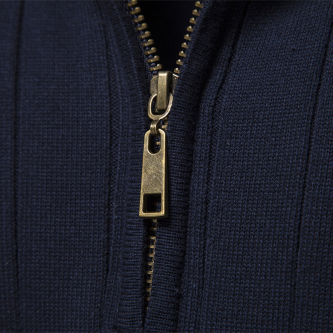 Striped knit turtleneck zip-up sweater