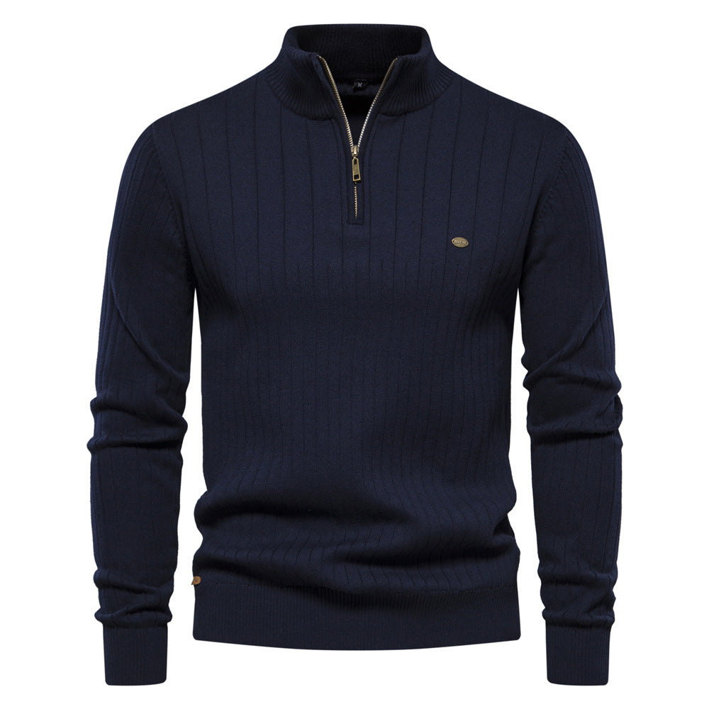 Striped knit turtleneck zip-up sweater