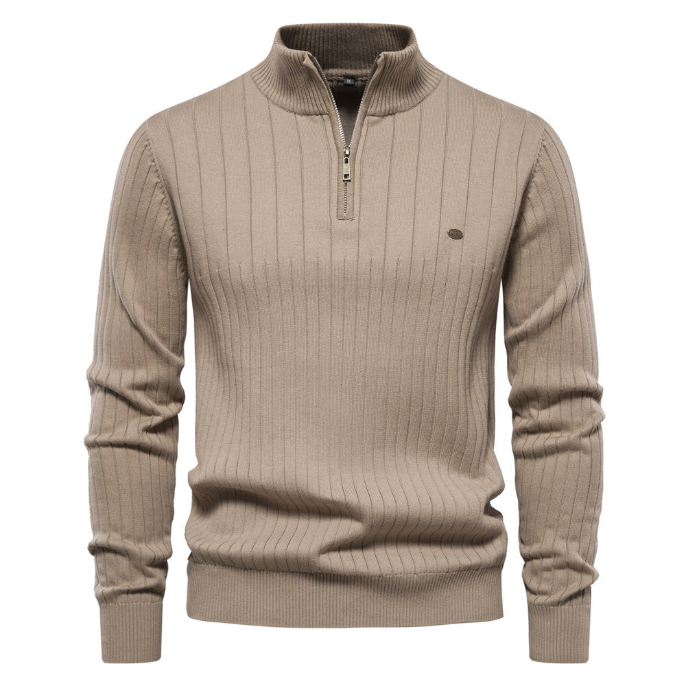Striped knit turtleneck zip-up sweater