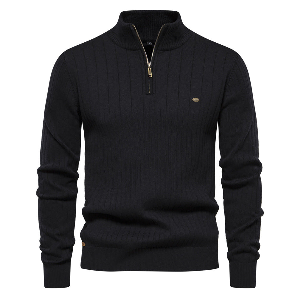 Striped knit turtleneck zip-up sweater