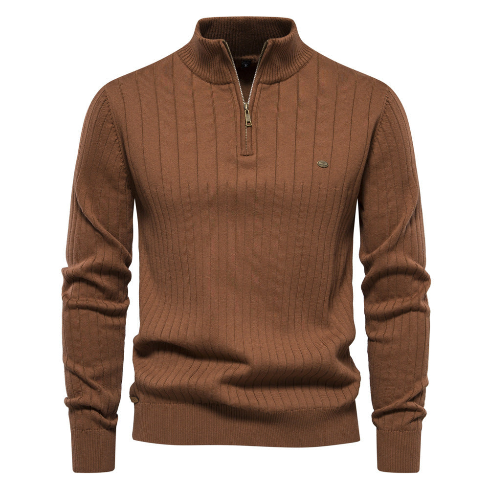 Striped knit turtleneck zip-up sweater